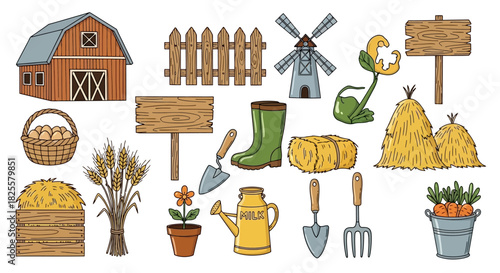 Hand-drawn Farm Elements: Vector Illustration Set of Barn, Vegetables, and Tools for Rural Life