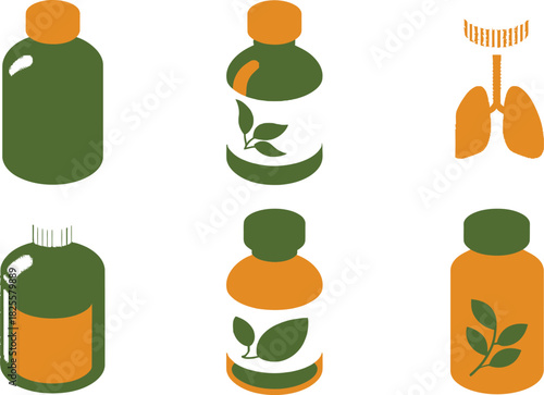 Herbal Medicine Bottles, Lungs Illustration, Representing Alternative and Respiratory Health Solutions