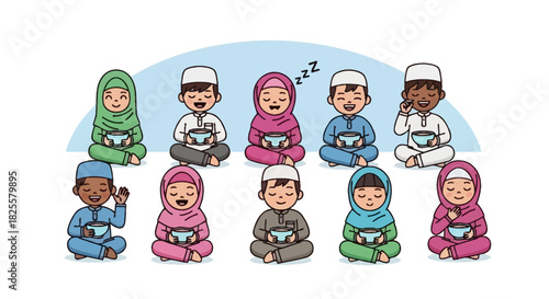 Delightful Ramadan Kids Eating Suhoor Together, Vector Illustration with Happy Faces and Traditional