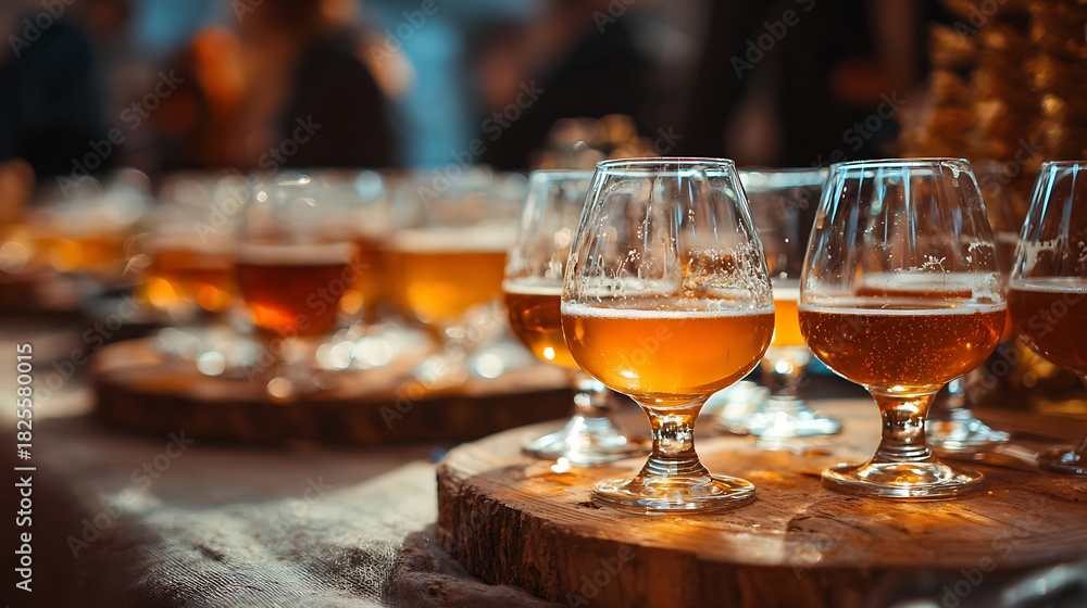 Obraz premium Sampling Variety of Craft Beer in Glasses on Wood Coasters Tasting