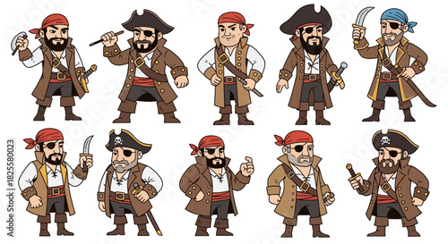 Cartoon pirate character set illustration, diverse collection of swashbuckling adventurers