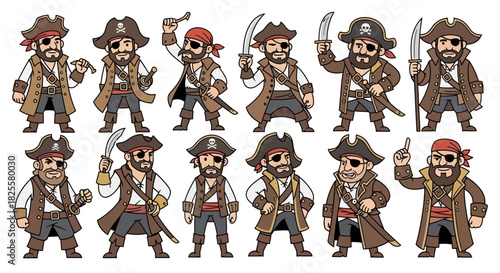 Set of cartoon pirate characters. Vector illustration of pirates with different poses.