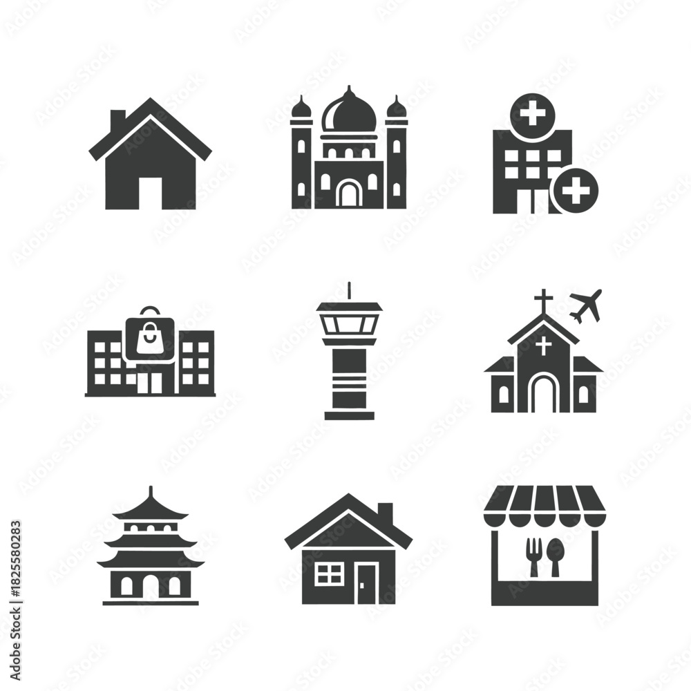 Fototapeta premium Buildings and Landmarks Icon Set house mosque hospital shopping mall airport control tower church pagoda restaurant architecture travel