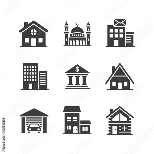 Building Icons Set house home architecture city mosque bank office apartment garage residential commercial religious structure