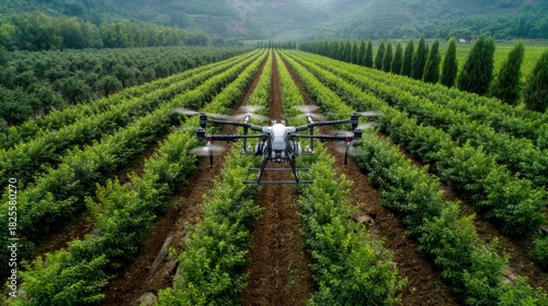Aerial View of Drone Monitoring Green Fields of Crops in a Lush Agricultural Landscape with Trees in the Background