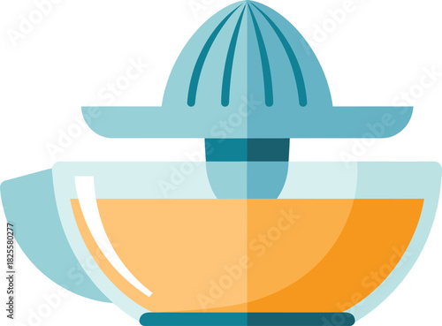 Illustration of a Light Blue Citrus Juicer and a Glass Bowl Filled with Juice