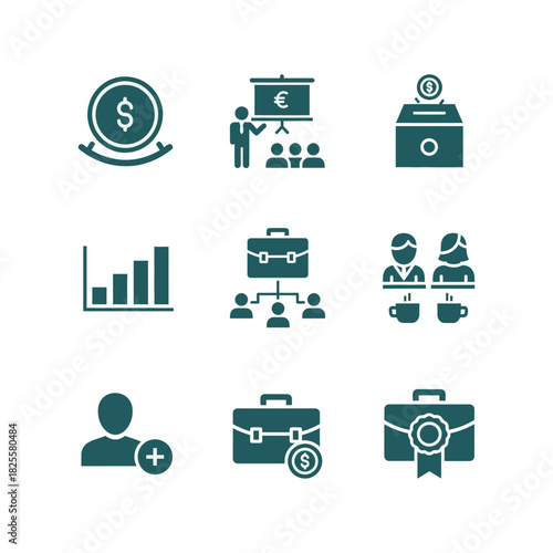 Business and Finance Icon Set investment presentation charity growth networking recruitment team meeting dollar euro money coin graph