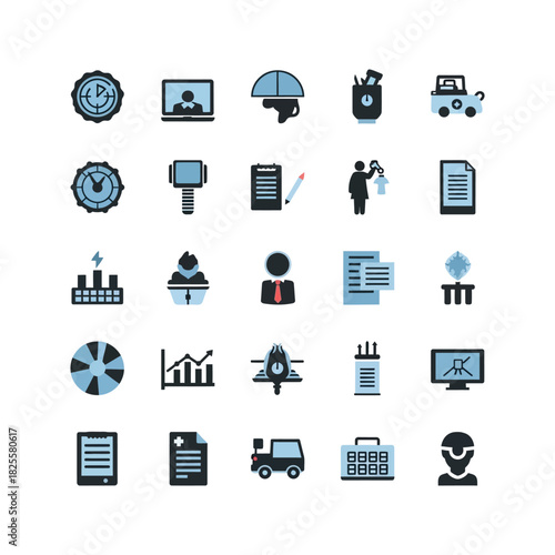 Business and Finance Icons Set clock laptop brain pencil holder car document chart clipboard employee report factory cupcake manager