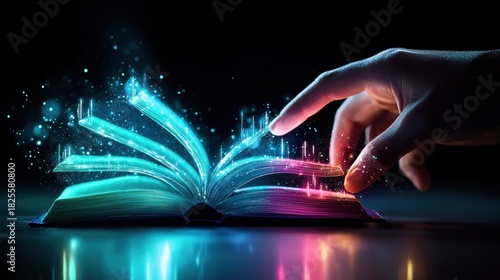 Open book A hand reaching out to touch a glowing blue open book icon on a dark screen, other similar icons arranged in a row behind it, resembling a digital bookshelf or knowledge database.