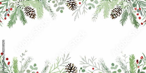 Watercolor winter foliage border with pinecones and berries on white background