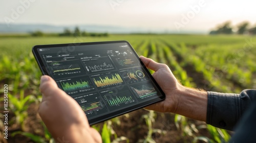 Farmer using tablet to analyze agricultural data and statistics in modern field environment during sunrise or sunset
