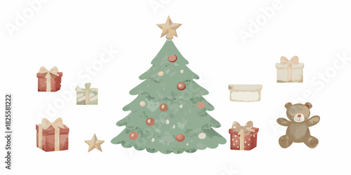 Watercolor christmas tree with gifts and teddy bear illustration