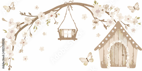 Floral arch with birdhouse and butterflies in neutral tones