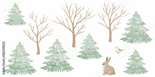 Watercolor winter forest scene with trees rabbit and bird illustration