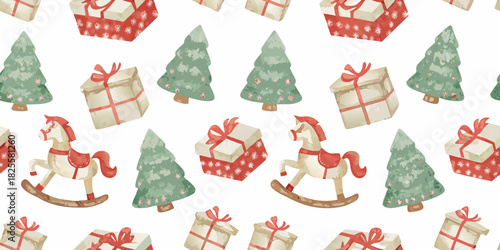 Watercolor christmas pattern with trees gifts and rocking horses on white