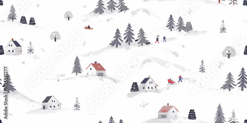 Winter village seamless pattern with houses trees and people