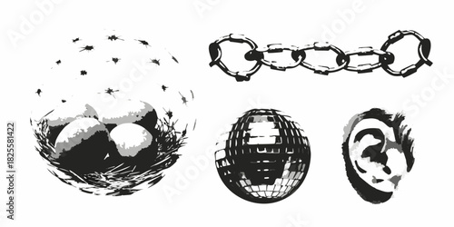 Monochrome still life with eggs chain disco ball and ear