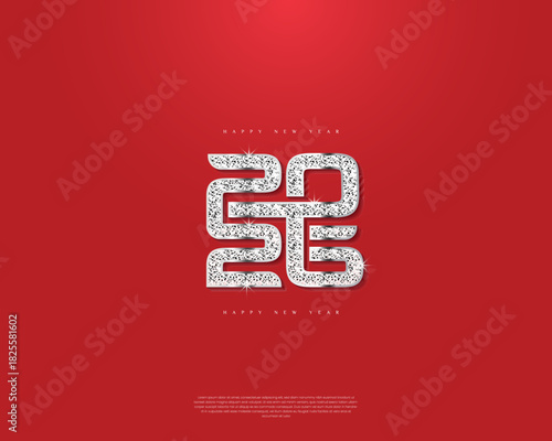 Glitter geometric 2026 text typography calligraphy design for New Year banner, greeting card, background, and poster – modern sparkling numeric layout with elegant festive details on vibrant red