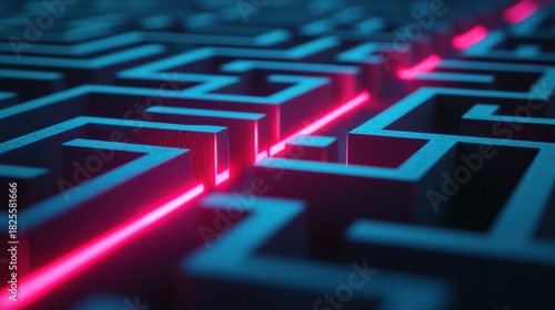 Solution Maze or Labyrinth with a Clear Path A complex maze with a red line highlighting the correct path to the center, representing problem solving, strategy, and finding solutions.