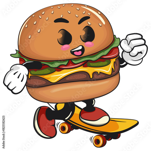 cute burger mascot character playing skateboarding, happy cartoon burger vector illustration, work of hand drawn