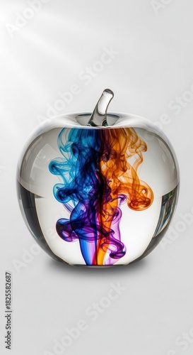 Glass  sculpture captures swirling plumes of vibrant colored liquid inside clear body