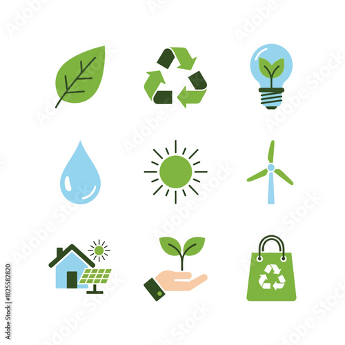 Eco-friendly and sustainable living icons recycling solar energy renewable resources environmental awareness conservation leaf