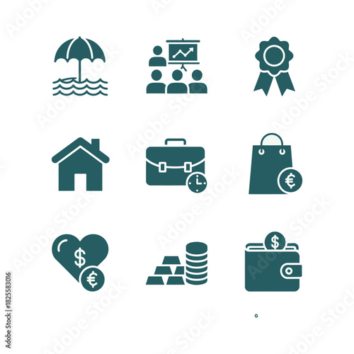 Financial and Business Icon Set finance investment insurance money currency dollar euro presentation award house real estate briefcase