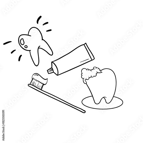 Dental care line art icon set, toothbrush and toothpaste, healthy teeth and cavities