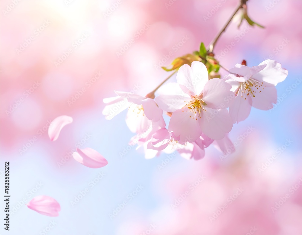 Fototapeta premium Soft focus image of delicate pink blossoms, petals falling gently