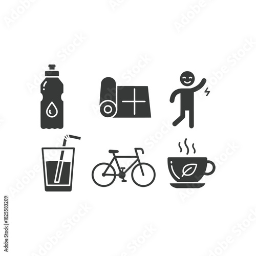 Healthy Lifestyle Icons exercise fitness wellness hydration nutrition water bottle yoga mat energy juice bicycle tea well-being sport