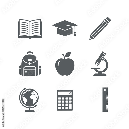 School and Education Icon Set book graduation cap pencil backpack apple microscope globe calculator ruler learning study knowledge