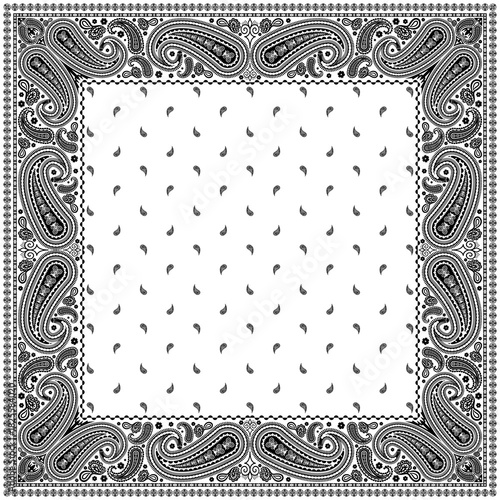 Bandana paisley square ethnic floral hand drawn pattern.Ornament classic vintage vector elements black on white background.Design for scarf,headscarf,kerchief,hijab,tablecloth,print fabric,decoration.