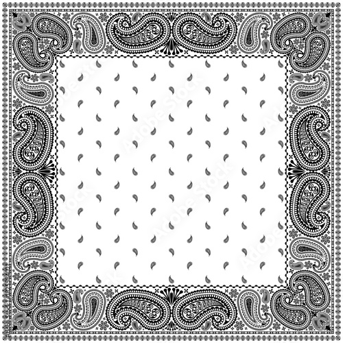 Bandana paisley square ethnic floral hand drawn pattern.Ornament classic vintage vector elements black on white background.Design for scarf,headscarf,kerchief,hijab,tablecloth,print fabric,decoration.