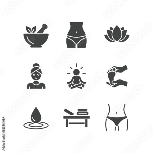 Spa and Wellness Icon Set massage meditation herbal remedy lotus body woman foot treatment health beauty relaxation therapy
