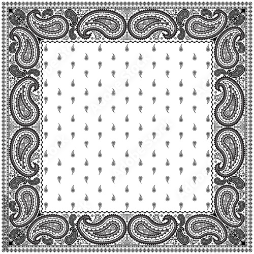 Bandana paisley square ethnic floral hand drawn pattern.Ornament classic vintage vector elements black on white background.Design for scarf,headscarf,kerchief,hijab,tablecloth,print fabric,decoration.