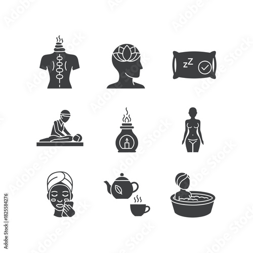 Spa and Wellness Icons Set massage aromatherapy relaxation beauty health treatment meditation skincare bodycare self-care lifestyle zen
