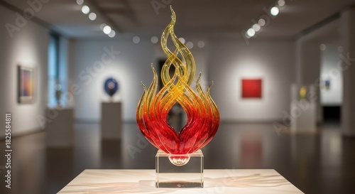 Sculptural artwork resembling flame created from multicolored blown glass displayed prominently in a museum setting.