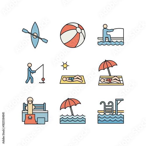 Summer Vacation Activities Icons kayaking swimming fishing sunbathing beach pool sea ocean water leisure activity recreation holiday