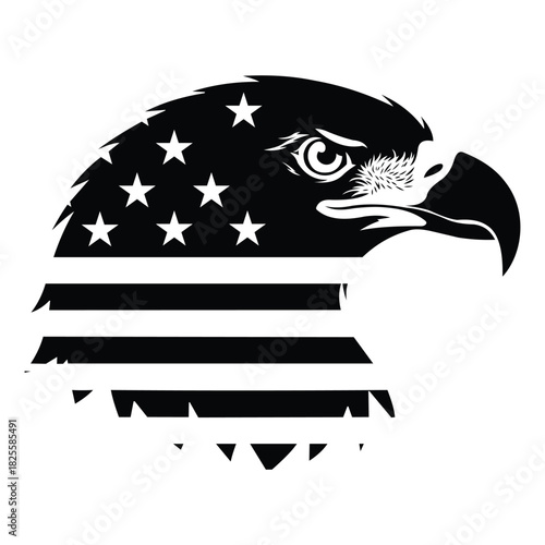 Black and white graphic silhouette of an american bald eagle head merged with the us flag design, isolated on vector illustration