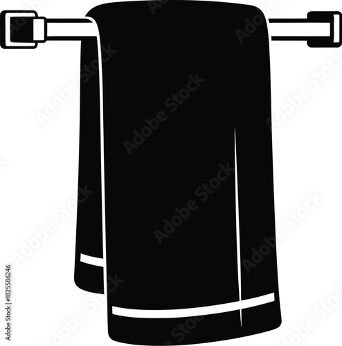 Black towel on a metal rack, bathroom accessory, hygiene and cleanliness
