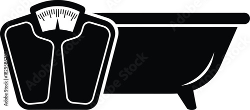 Black bathroom scale and bathtub, health and wellness, personal hygiene