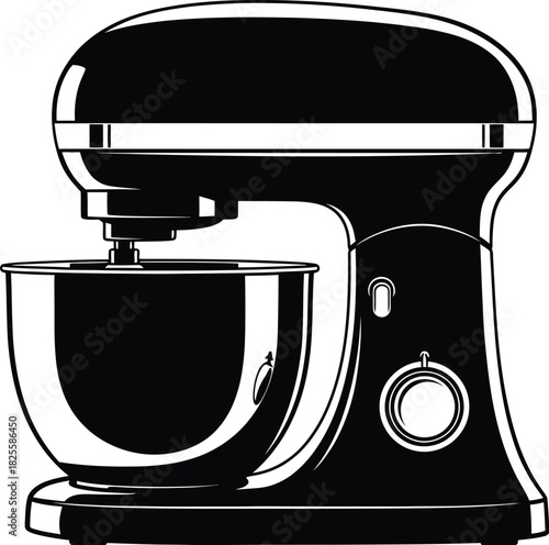 Black stand mixer with stainless steel bowl, kitchen appliance icon