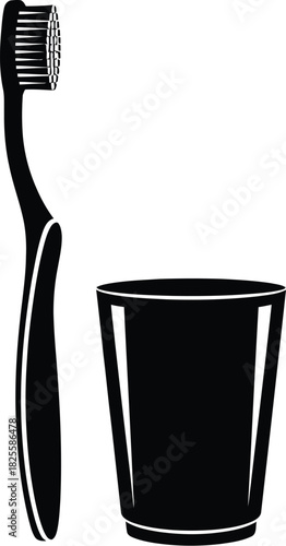 Black toothbrush and glass, dental hygiene and oral care, silhouette