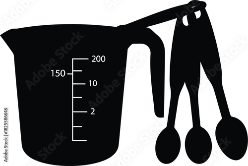 Black measuring cup with spoons for cooking, baking, and food preparation