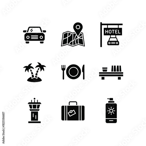 Travel and Vacation Icon Set car map hotel island food luggage sunscreen airport tourism destination holiday journey trip adventure