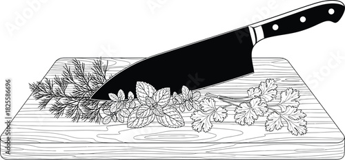 Sharp knife slicing fresh herbs, dill, mint