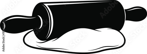 Black rolling pin with dough, baking preparation, culinary tool