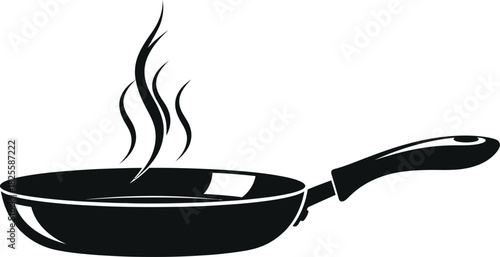 Black frying pan with rising steam, cooking and food preparation