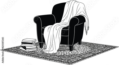 Cozy armchair with throw and books, reading, relaxation