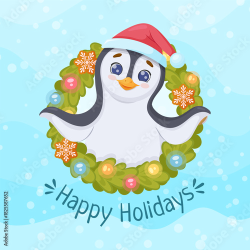festive christmas square banner with penguin, santa hat, wreath, Happy Holidays text